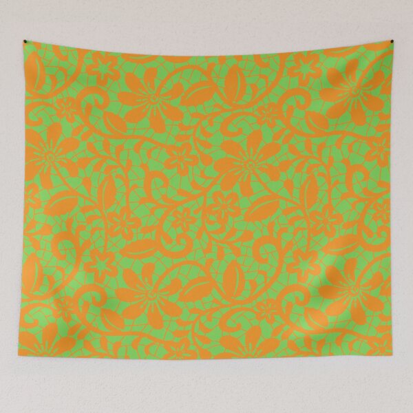 Item preview, "Vibrant Botanical Elegance: Green Floral Lace on Orange Delight" designed and sold by SoulthreadzStudio.