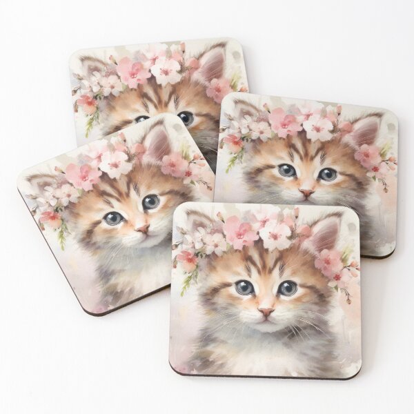 Item preview, Watercolor cute cat with flowers designed and sold by rainseedart.