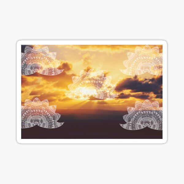 white lotus mandalas on golden orange sunset with sun flare rays Sticker