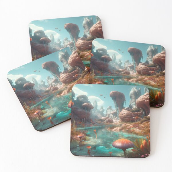 Item preview, Alien Oasis - Lush Red Rock Landscape with Turquoise River Digital Artwork in Cyan and Amber designed and sold by stateofhuman.