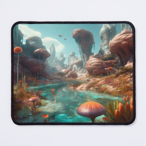 Item preview, Alien Oasis - Lush Red Rock Landscape with Turquoise River Digital Artwork in Cyan and Amber designed and sold by stateofhuman.
