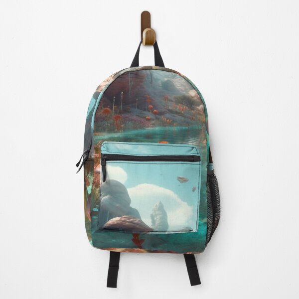 Item preview, Alien Oasis - Lush Red Rock Landscape with Turquoise River Digital Artwork in Cyan and Amber designed and sold by stateofhuman.