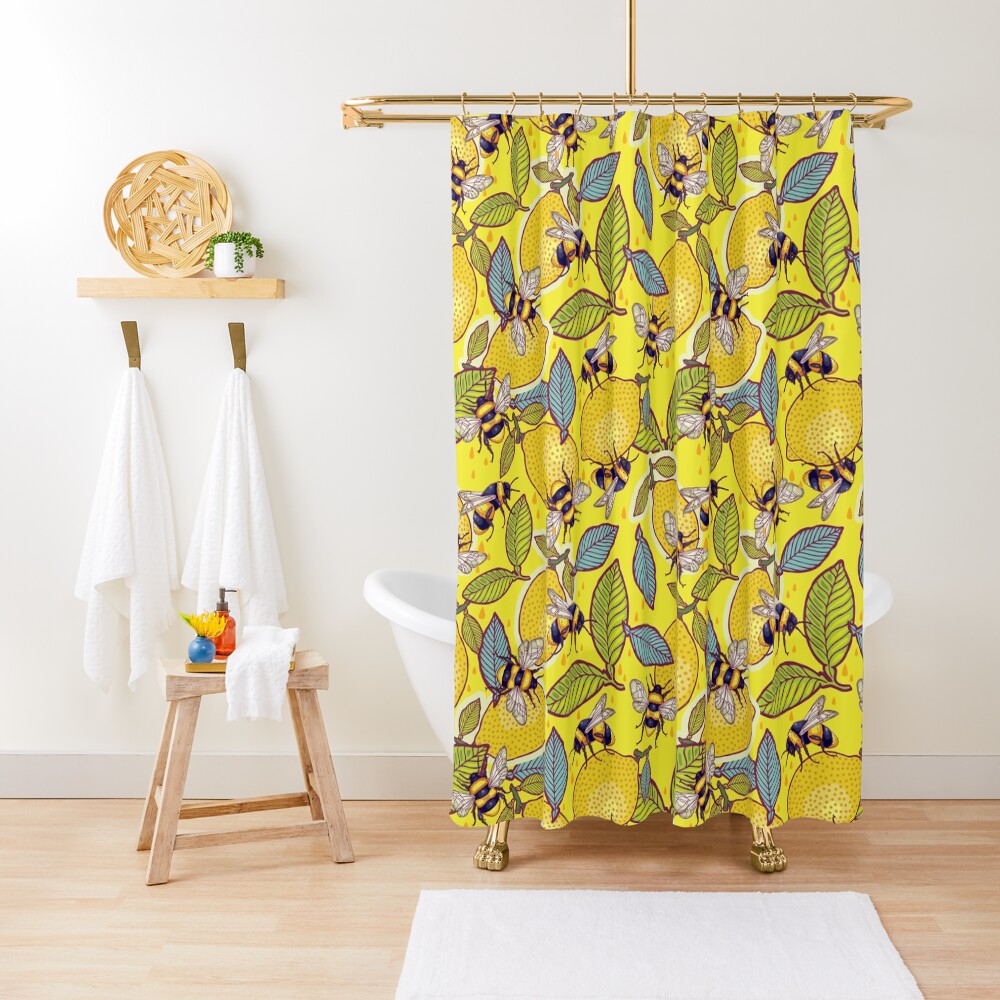 "Yellow lemon and bee garden." Shower Curtain by smalldrawing Redbubble