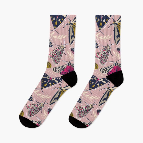 Item preview, Quirky beautiful moths // pale chestnut pink textured background oxford navy blue ivory yellow and fuchsia pink tiger moth insects designed and sold by SelmaCardoso.