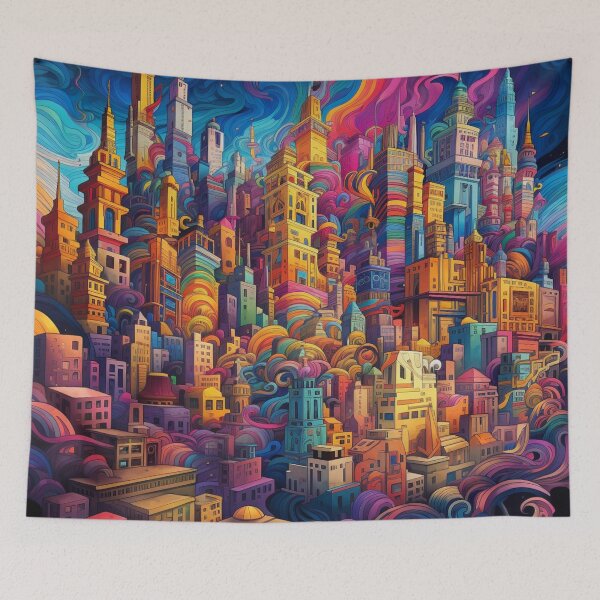 Artikelvorschau, Mind-Bending Psychedelic Cityscape: Twisting and Turning Impossible Shapes entworfen und verkauft von MedusaAiArt.