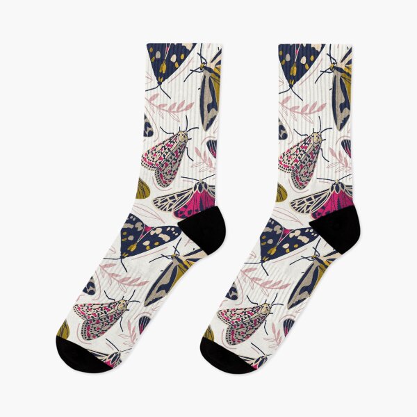 Item preview, Quirky beautiful moths // natural white background oxford navy blue ivory yellow and fuchsia pink tiger moth insects designed and sold by SelmaCardoso.