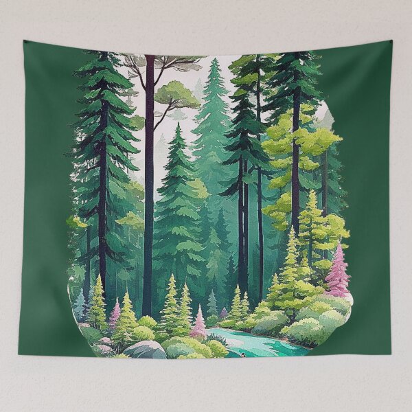 Item preview, Harmonious coniferous forest on the river bank designed and sold by Minpadesign.