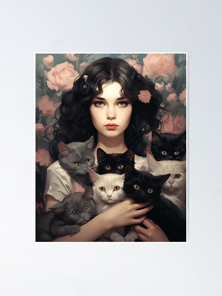 Woman with Kittens and Flowers - Vintage Cat lady Poster by lauralofer