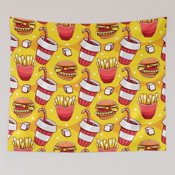 Item preview, Yellow food pattern french fries, drink and hamburgers in cartoon line style designed and sold by xiukab.