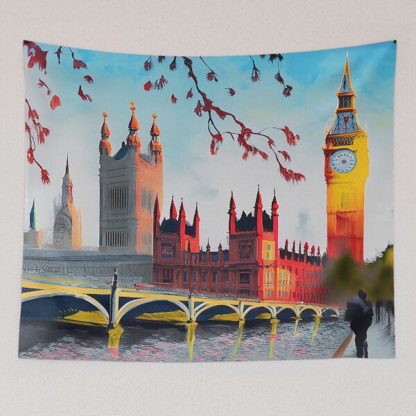 Item preview, Oil on canvas, London street. A work of art. Big Ben and the Red Tree. To England designed and sold by CHRONIN.