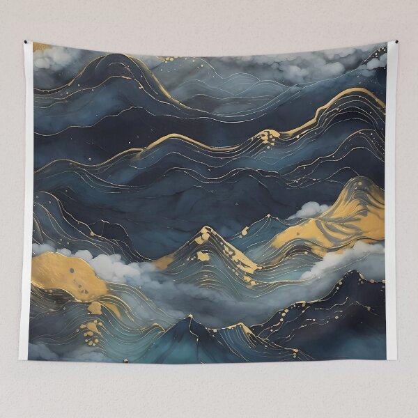 Item preview, dark blue abstract decorative painting shimmering gold quicksand hand-painted style landscape painting decorative painting23 designed and sold by UnaWu533.