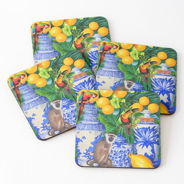 Item preview, Monkey, toucan,  parrot and chinoiserie jars in tropical garden designed and sold by SophieClimaArt.