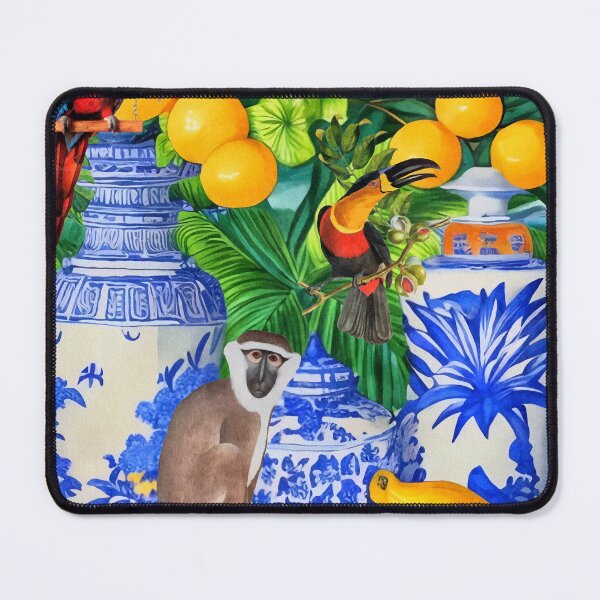 Item preview, Monkey, toucan,  parrot and chinoiserie jars in tropical garden designed and sold by SophieClimaArt.