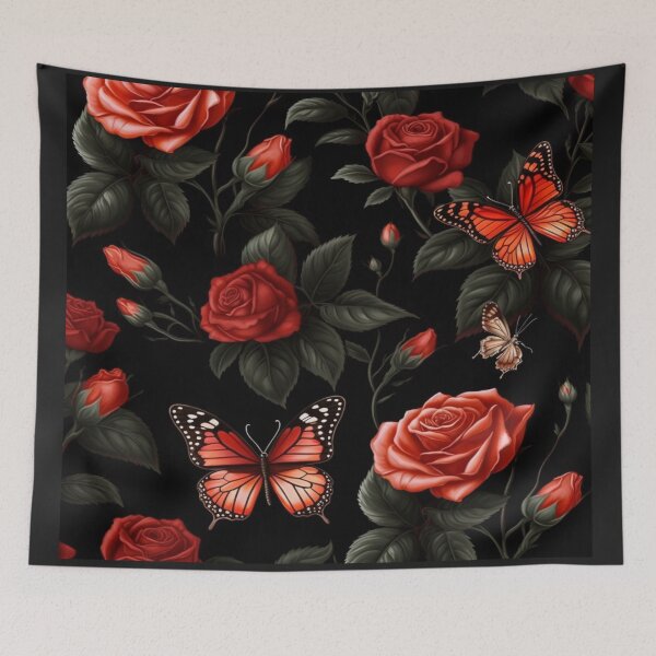 Item preview, Custom made design red roses and &black butterflies on black background designed and sold by zedvonzee.