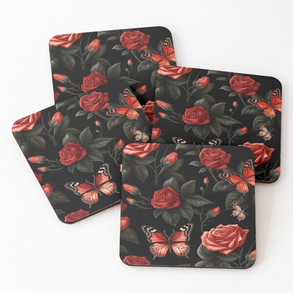 Item preview, Custom made design red roses and &black butterflies on black background designed and sold by zedvonzee.