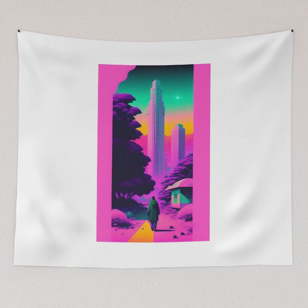 Item preview, Man Journey Through Tranquil Village and Towering Skyscrapers Neon designed and sold by Hints-of-Home.