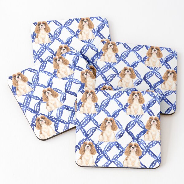 Item preview, King Charles spaniels and blue lattice seamless pattern designed and sold by SophieClimaArt.