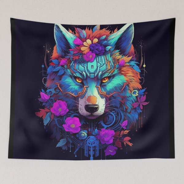 Item preview, Colorful Cyber Wolf with Cyber-Flowers for Cyber-Gangsters designed and sold by NapNapSleeper.