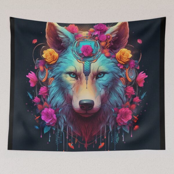 Item preview, Colorful Cyber Wolf with Cyber-Flowers for Cyber-Gangsters designed and sold by NapNapSleeper.