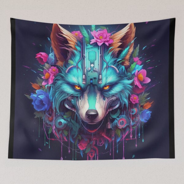 Item preview, Colorful Cyber Wolf with Cyber-Flowers for Cyber-Gangsters designed and sold by NapNapSleeper.