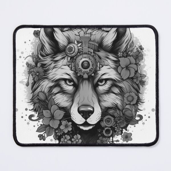 Item preview, Black and White Cyber Wolf with Cyber-Flowers for Cyber-Gangsters designed and sold by NapNapSleeper.