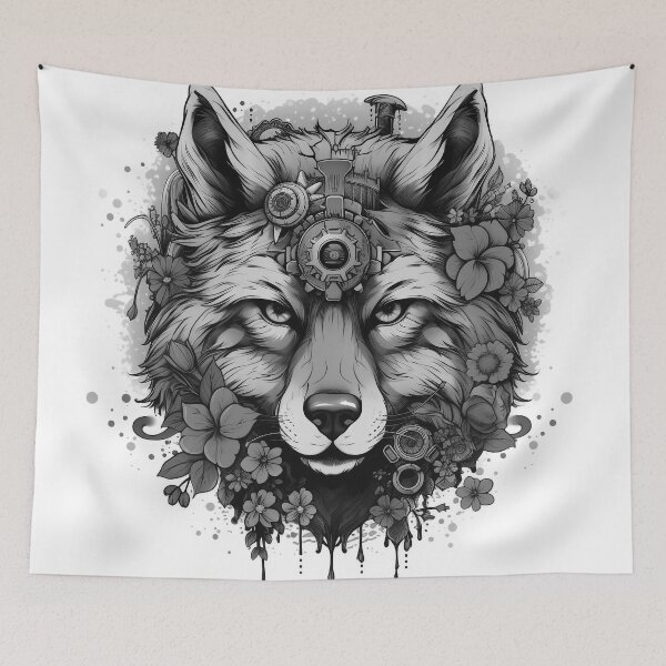 Item preview, Black and White Cyber Wolf with Cyber-Flowers for Cyber-Gangsters designed and sold by NapNapSleeper.