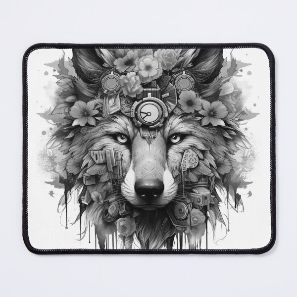Item preview, Black and White Cyber Wolf with Cyber-Flowers for Cyber-Mega-Gangsters designed and sold by NapNapSleeper.