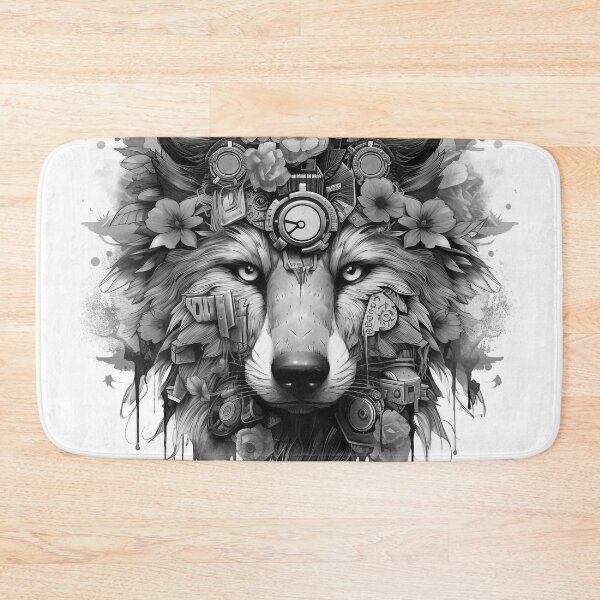 Item preview, Black and White Cyber Wolf with Cyber-Flowers for Cyber-Mega-Gangsters designed and sold by NapNapSleeper.