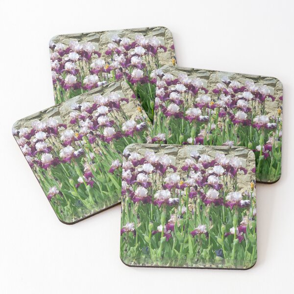 Item preview, irises, stems, leaves, bricks, seedlings, floral print designed and sold by Maria Mihailova.