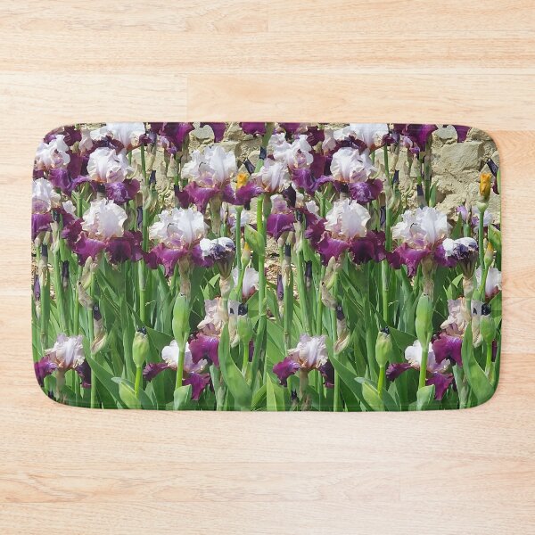 Item preview, irises, stems, leaves, bricks, seedlings, floral print designed and sold by Maria Mihailova.