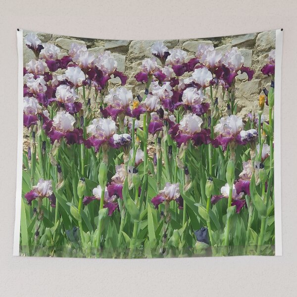 Item preview, irises, stems, leaves, bricks, seedlings, floral print designed and sold by Maria Mihailova.