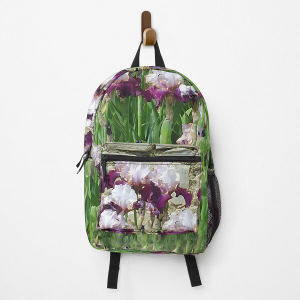 Item preview, irises, stems, leaves, bricks, seedlings, floral print designed and sold by Maria Mihailova.
