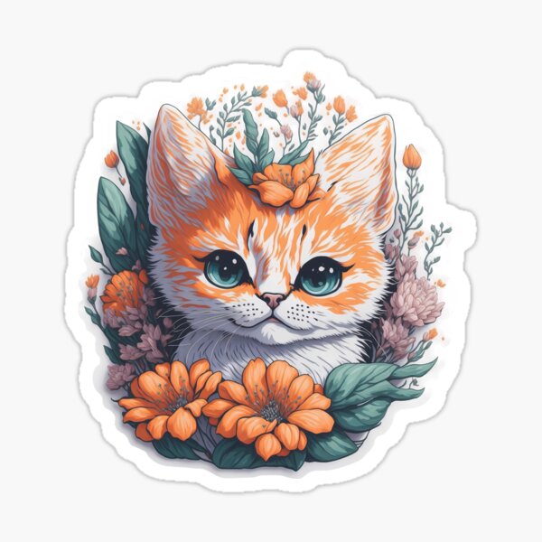 Cute cat with flowers, pet, floral stickers, cat stickers Sticker by  Dgitart