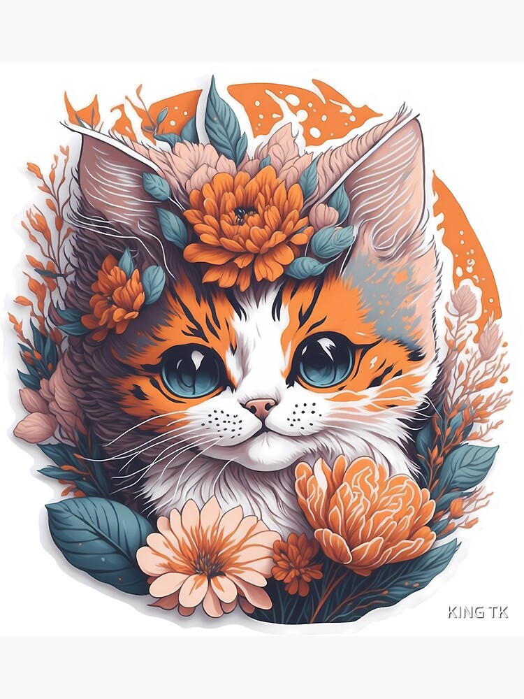 Cute cat with flowers, pet, floral stickers, cat stickers Sticker by  Dgitart