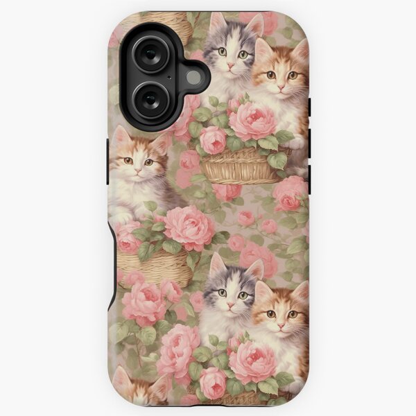 Vista previa del artículo con la obra «Patrón de gatos atigrados bebé y flores rosadas», diseñado y vendido por PetAndPetal.