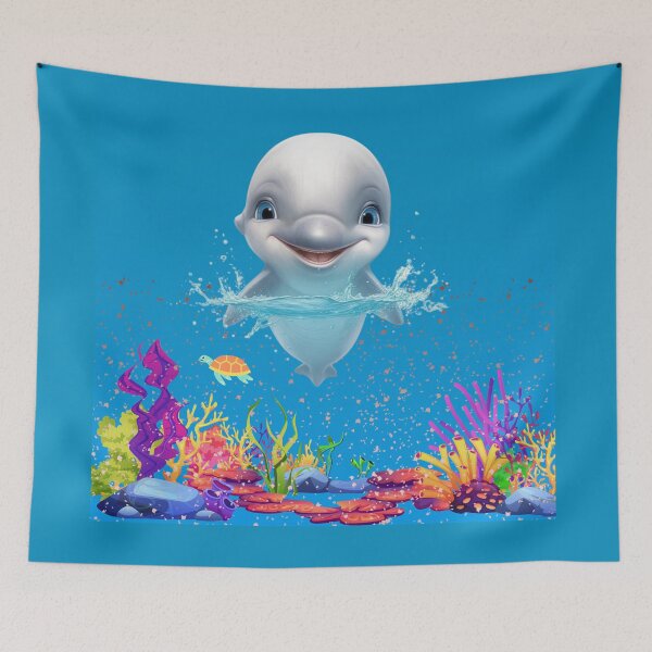 Item preview, little swimming dolphin baby animated mischievous adorable digital art designed and sold by DigitalPixelize.