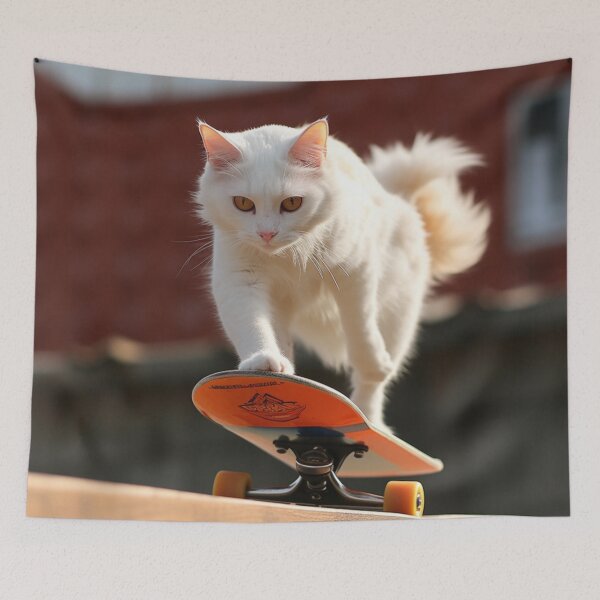 Item preview, turkish_angora_white_orange_cat_playing_skateboard designed and sold by Kirollos9.