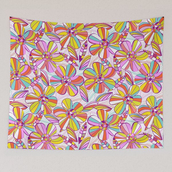 Item preview, Retro 1970s flower power in the cocktail lounge - white with jewel tone big florals designed and sold by BlackDogArtists.