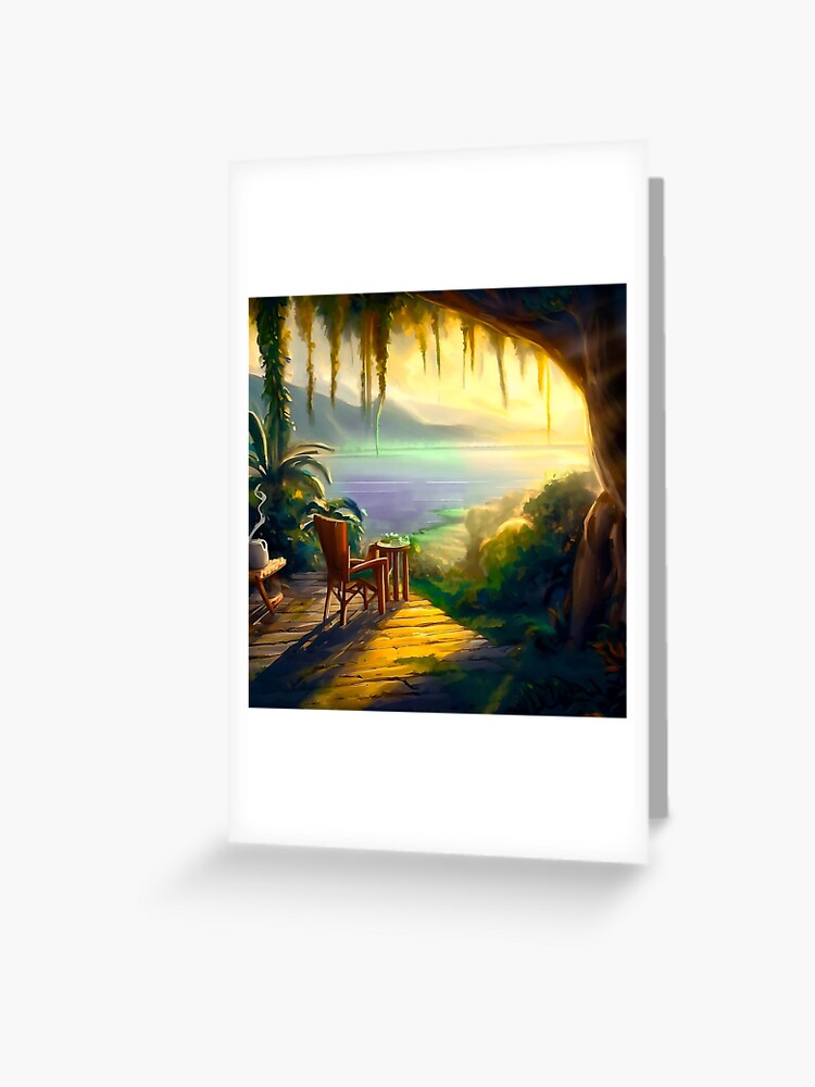 Thumbnail 1 of 2, Greeting Card, Awaken Your Senses: Savor a Perfect Cup of Coffee in a Charming Cottage by the Lake! designed and sold by cokemann.