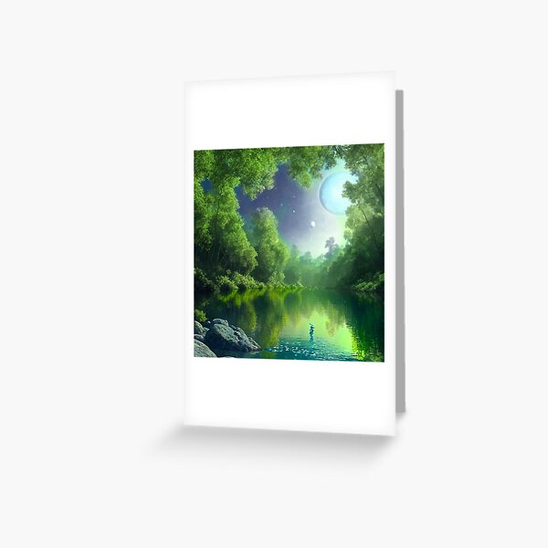 Moonbeams in Emerald: Witness the Enchanting Glow of the Moon on a Verdant Lake! Greeting Card