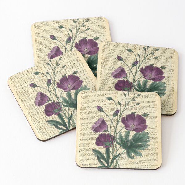 Item preview, Botanical print, on old book page - Purple Poppies designed and sold by Art by Lilia.