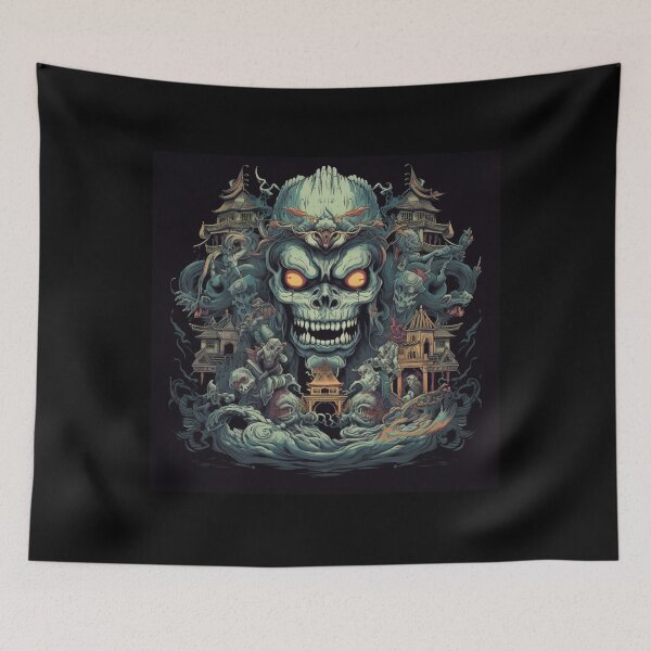 Item preview, Spectral Enigma: Haunting Skull in Yokai-inspired Spooky Environment, Intricate Vietnamese Architecture Paintings, Dimensional Multilayering, Terrorwave Style, Smokey Background, Ornate Designs designed and sold by Bee Happy Creative™.
