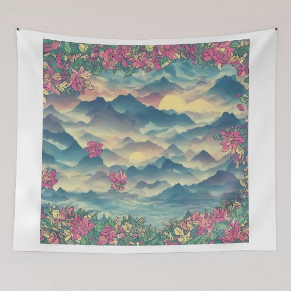 Item preview, Nature's Symphony: A Vibrant T-Shirt Graphic with Sunrise Mountains and Colorful Flowers designed and sold by RedArtG09.