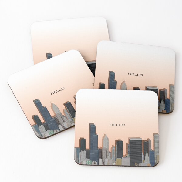 Item preview, Hello written in the center, with clouds and city landscape, orange sky designed and sold by diahsariw.