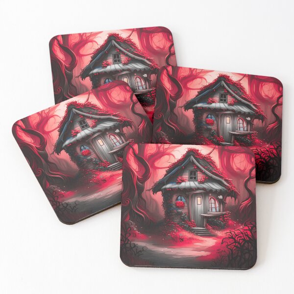 Item preview, Dark, Spooky Red and Grayscale Fantasy Cottage in the Forest designed and sold by WitchyWare.
