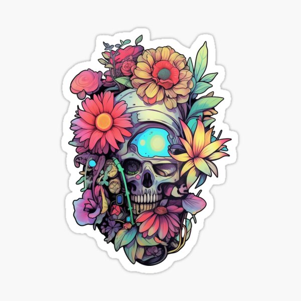 Legendary Post-Apocalyptic Colorful Skull Flowers Sticker