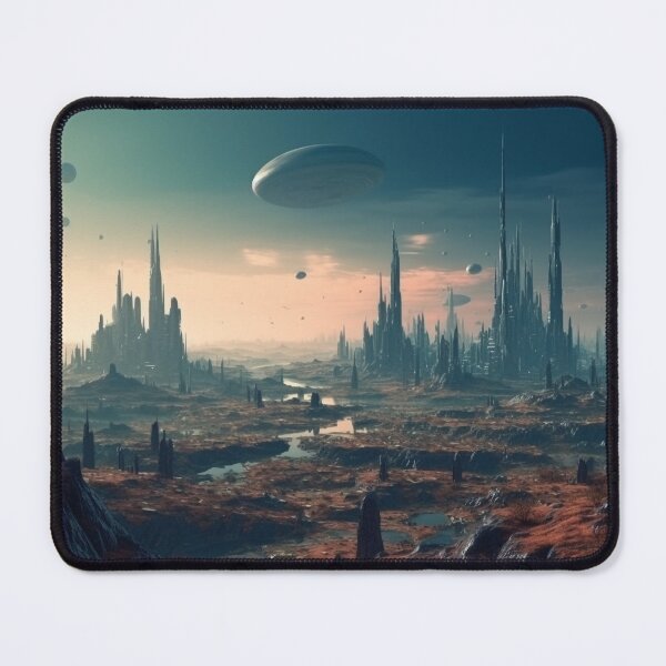 Item preview,  Dystopian Desert Cityscape - Alien Cityscape: Sharp Black Stones and Red Desert Landscape Digital Art designed and sold by stateofhuman.