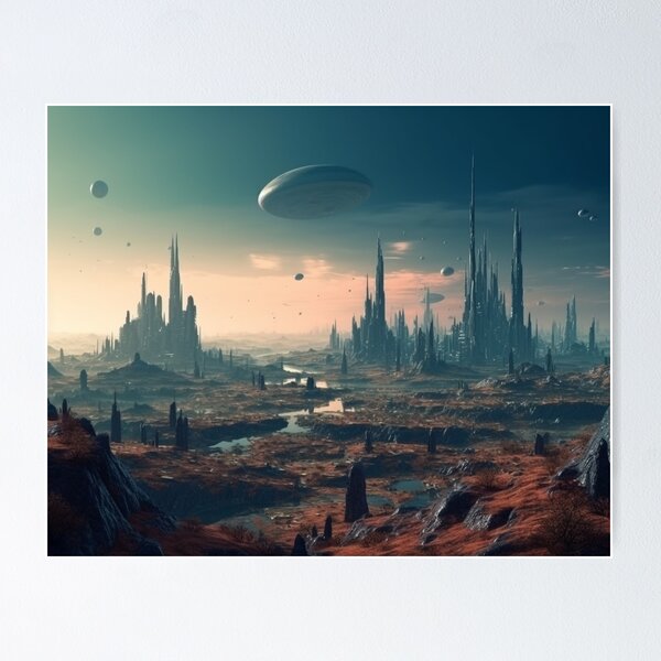 Item preview,  Dystopian Desert Cityscape - Alien Cityscape: Sharp Black Stones and Red Desert Landscape Digital Art designed and sold by stateofhuman.