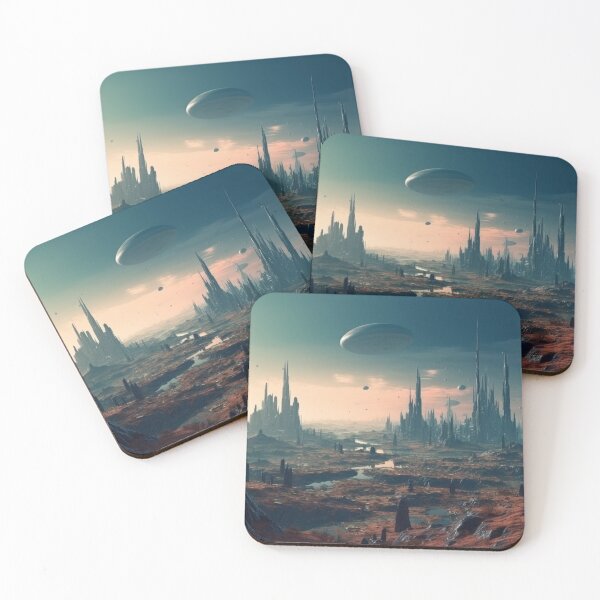 Item preview,  Dystopian Desert Cityscape - Alien Cityscape: Sharp Black Stones and Red Desert Landscape Digital Art designed and sold by stateofhuman.