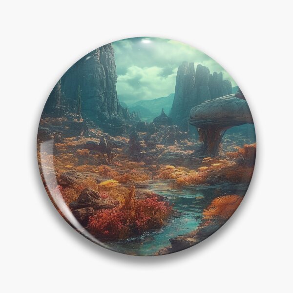 Item preview, Dreamy Alien Landscape Resembling Goblin Valley, Utah - Digital Art Featuring Rocky Outcrops, Vibrant Vegetation, and a Tranquil Stream designed and sold by stateofhuman.